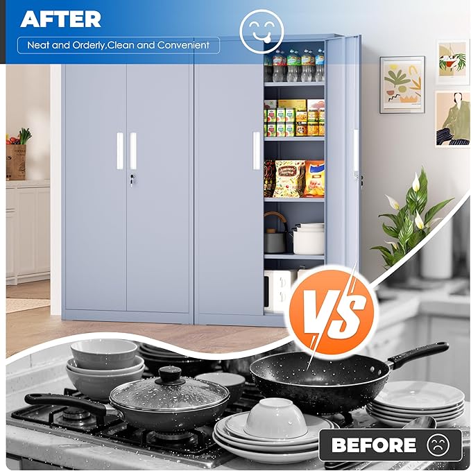 INTERGRAET 63" Pantry Cabinet, Kitchen Pantry Storage Cabinets with 2 Doors and 4 Shelves,Cement Gray Metal Storage Cabinet,Cupboard for Home,Kitchen,Living Room/Dining