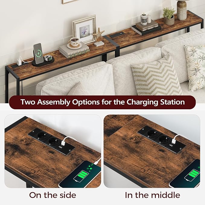 Console Table, 2 Pack Narrow Sofa Table, 43.3” Entrance Table with Power Station, Behind Couch Table, for Living Room, Hallway, Entryway, Foyer, Rustic Brown and Black CTHR112E01S2