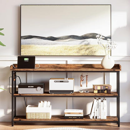 IRONCK Console Table, Sofa Table with Power Outlet, Farmhouse Hallway Table for Entryway, Living Room, Height Adjustable, Easy Assembly, Rustic Brown,55"