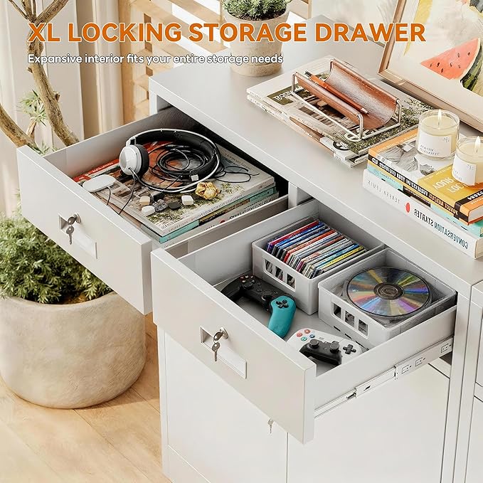 BESFUR Metal Garage Storage Cabinet with Two Lockable Drawers 2 Locking Doors and an Adjustable Shelf, 36" White Metal Short Storage Cabinet for Home Office, Garage,School,Utility Room