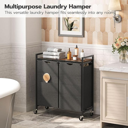 HOOBRO Laundry Hamper, Laundry Sorter 2 Section, 2 × 13 Gal (49.5L), Laundry Basket with Wheels, Rolling Cart, Pull-Out and Removable Oxford Fabric Bags, Rustic Brown and Black BF72XY01