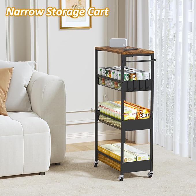 Slim Rolling Utility Cart, 4 Tier Metal Narrow Storage Cart with Handle and Wood Top, Multifunctional Small Mobile Shelf Unit Organizer Trolley for Laundry, Bathroom, Kitchen