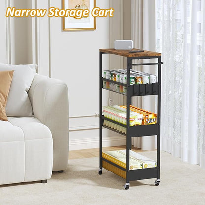 Slim Rolling Utility Cart, 4 Tier Metal Narrow Storage Cart with Handle and Wood Top, Multifunctional Small Mobile Shelf Unit Organizer Trolley for Laundry, Bathroom, Kitchen