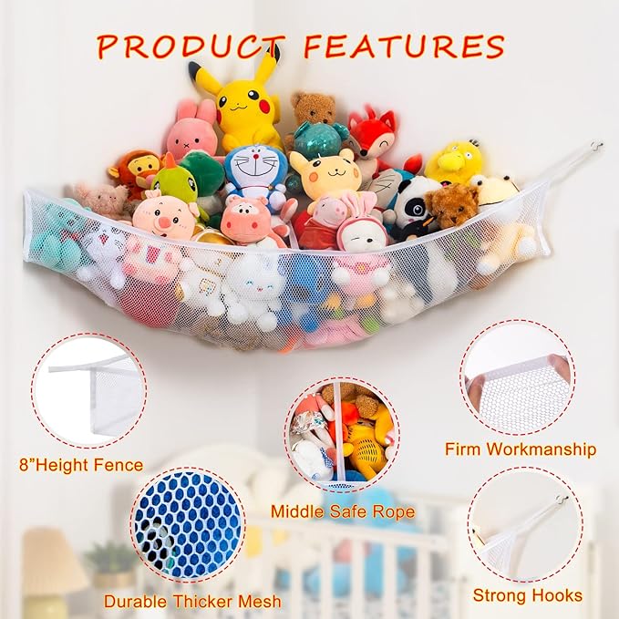 X-Large Stuffed Animal Net Hammock Corner (Fixed Size Min 3’6” Right-angled Corner Space Each Side, Non-Stretchable) Toy Organizer for Plushies Teddy and Squishmallow (White, X-Large)