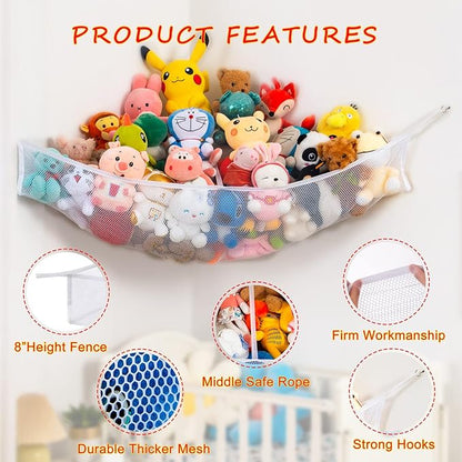 X-Large Stuffed Animal Net Hammock Corner (Fixed Size Min 3’6” Right-angled Corner Space Each Side, Non-Stretchable) Toy Organizer for Plushies Teddy and Squishmallow (White 2 Pack, X-Large)