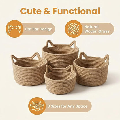 Small Woven Baskets | Mini Storage Bins | Cotton Rope Baby Nursery Organizers | Cute Round Cat Ears Basket for Organizing Desk Decor Kids Toy Dog Cat Baby Girls Gifts-Set of 3(Beige)