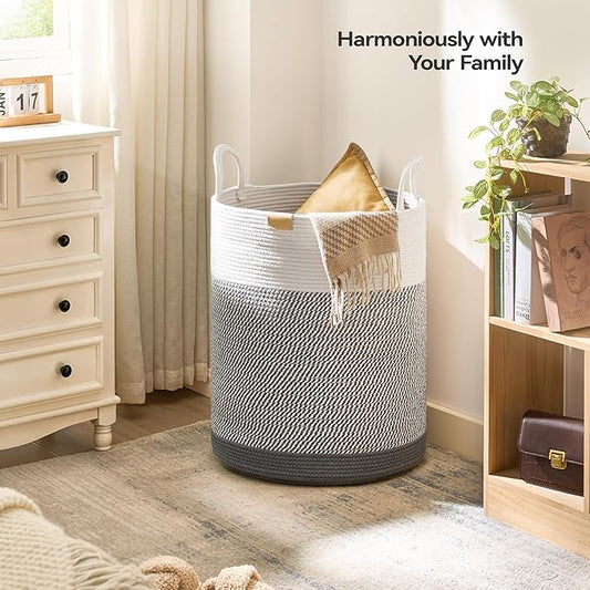 Laundry Hamper 95L,Large Laundry Basket for Clothes,Decorative Storage Basket for Blankets,Cotton Rope Woven basket for bedroom,Grey White