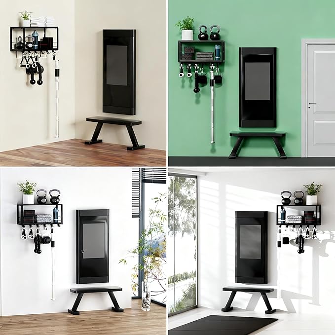 TJ.MOREE 2 Tier Floating Shelf Compatible with Tonal Accessories, T-Bracket Lock Adapters Hanger, Wall Mount Home Gym Storage Rack for Fitness Equipment（Black