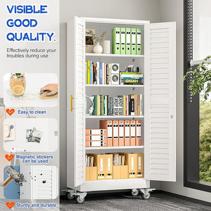 71” Metal Garage Storage Cabinet with Lock and Wheels, Metal Storage Cabinet with Louvered Door and 4 Adjustable Shelves, Rolling Tool Cabinet, Utility File Cabinet for Home Office - White