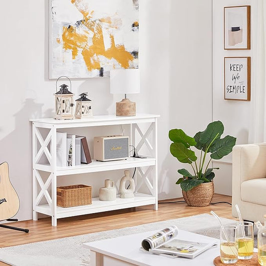 Yaheetech Entryway Table with Storage Shelves, Console Table with Power Outlets and USB Ports, Wood Narrow Sofa Tables with X-Shaped Design for Living Room/Hallway/Couch, White