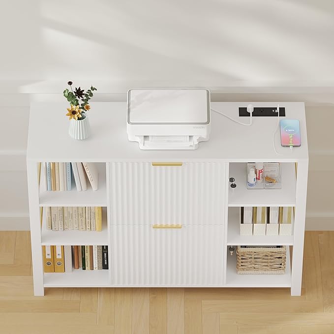 File Cabinet for Home Office, Fluted Filing Cabinet with 2 Drawers Fit Letter/Legal/A4 Folders with Tabs, Printer Stand with Lock & 2 Power Outlets, 6 Shelves (Set of 2, White)