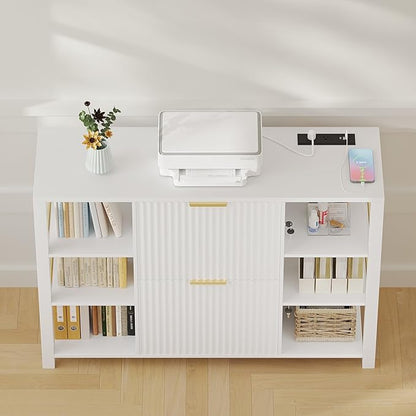 File Cabinet for Home Office, Fluted Filing Cabinet with 2 Drawers Fit Letter/Legal/A4 Folders with Tabs, Printer Stand with Lock & 2 Power Outlets, 6 Shelves (Set of 2, White)