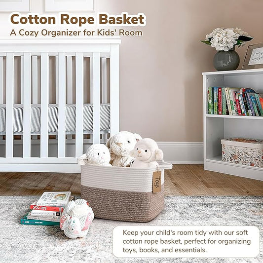 Goodpick Woven Storage Basket, Cotton Rope Baskets for Toys, Books, Small Baby Laundry Baskets with Handles, Rectangle Dog Toy Basket for Living Room, 13 x 10 x 9 Inches