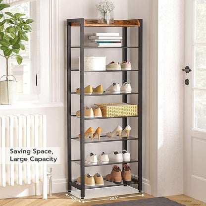 HOOBRO 8-Tier Shoe Rack, 20.5" L Shoe Storage Organizer, Narrow Shoe Shelf, Saving Space, Stable and Sturdy, Hold 14-16 Pairs of Shoes, for Entryway, Hallway, Living Room, Rustic Brown BF48XJ01