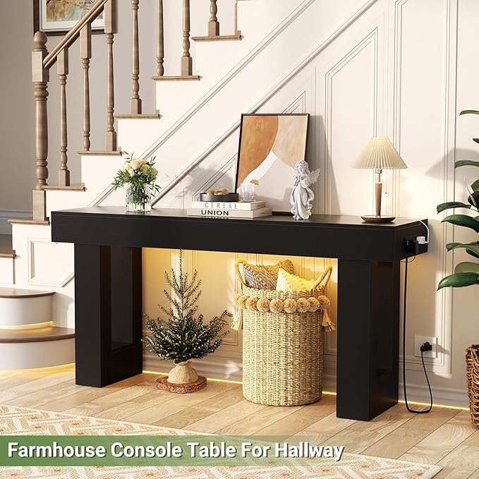 Unikito 63'' Farmhouse Console Table with Power Outlets and Sensor Light, Wooden Entryway Table with Storage, Rectangular Sofa Tables Behind The Couch for Entrance, Hallway, Living Room, Black