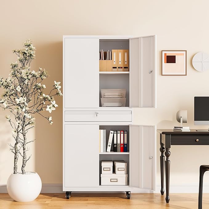 Metal Garage Storage Cabinet with Wheels, 73" Lockable Storage Cabinet with 2 Adjustable Shelves and 1 Drawer for Garage, Utility Room, Warehouse (White)