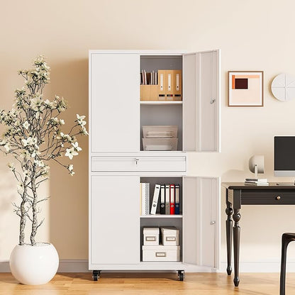 Metal Garage Storage Cabinet with Wheels, 73" Lockable Storage Cabinet with 2 Adjustable Shelves and 1 Drawer for Garage, Utility Room, Warehouse (White)