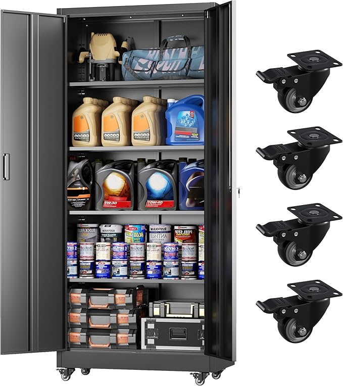 Greenvelly 73" Storage Cabinet with Wheels,Metal Rolling Garage Cabinet with Locking Doors and 4 Adjustable Shelves for Home,Kitchen,Office,Warehouse(32" W x 16" D)