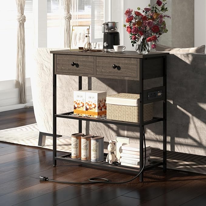 GOFLAME Console Table with Power Outlet, Narrow Entry Table with Drawers, 2 AC Outlets & 2 USB Ports, Sofa Table for Living Room Behind Couch, Living Room, Foyer, Grey Oak