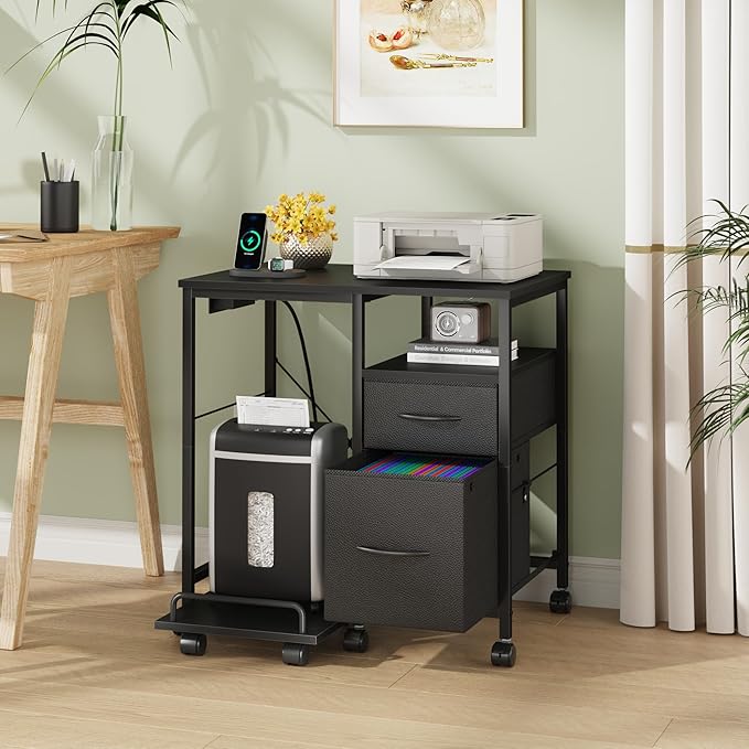 YAOHUOO Printer Stand with Power Outlet/Fabric Drawers, Printer Cabinet with Storage Shelf and Rolling Shredder Stand, Printer Table for Home Office, 25.6"×17.7" Black