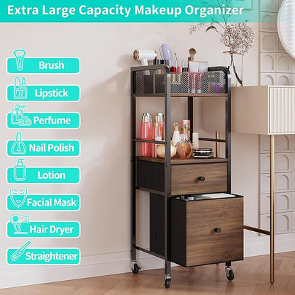 HapiRm Rolling Makeup Cart Organizer - Floor Skincare Make Up Storage with 2 Non-woven Fabric Drawers, Vanity Organizer Cosmetic Display Cases Holder for Skin Care Perfume Nail Polish Brush Hair Tool