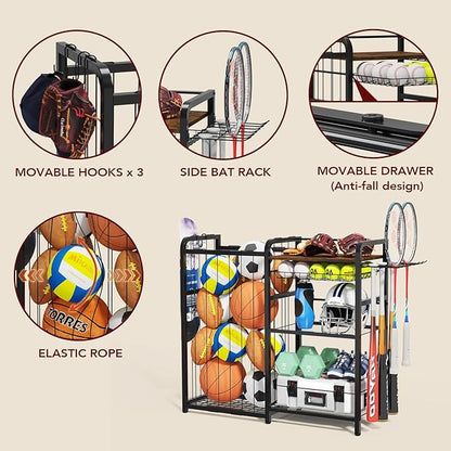 Garage Sports Equipment Organizer, Ball Storage for Gear and Toys, Large Capacity, Sports Organizer for Garage with Hooks and Baskets