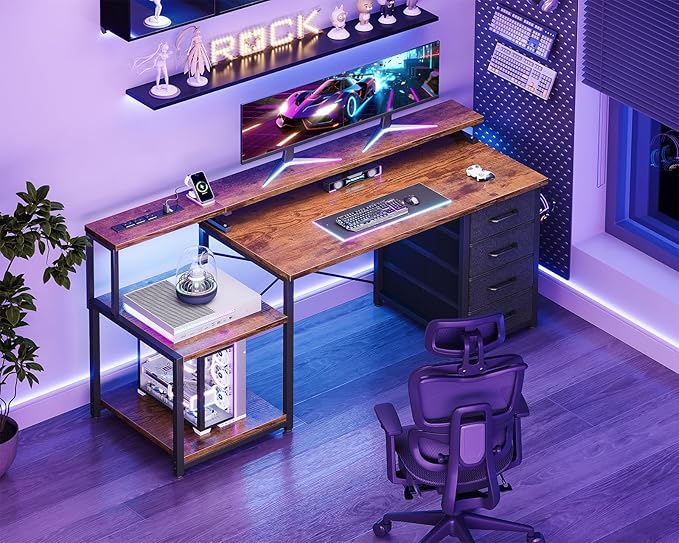 ODK 55 Inch Computer Desk with Power Outlets & 4 Drawers, Home Office Desk with Monitor Stand & Storage Shelves, Vintage