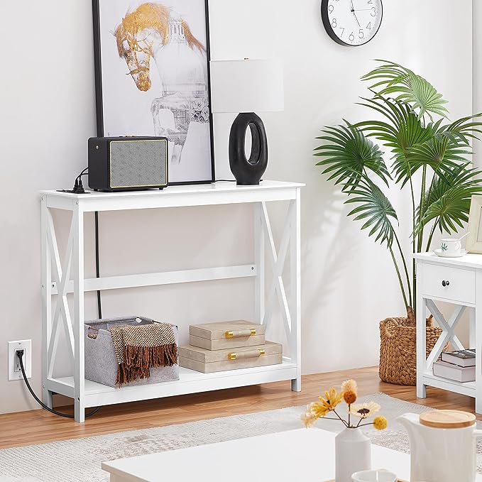 Yaheetech Console Table with Power Outlets, 40 Inches Entryway Table with Charging Station, Wood Sofa Table with Storage Shelves, Side Table, for Hallway, Bedroom, Living Room, Foyer, White