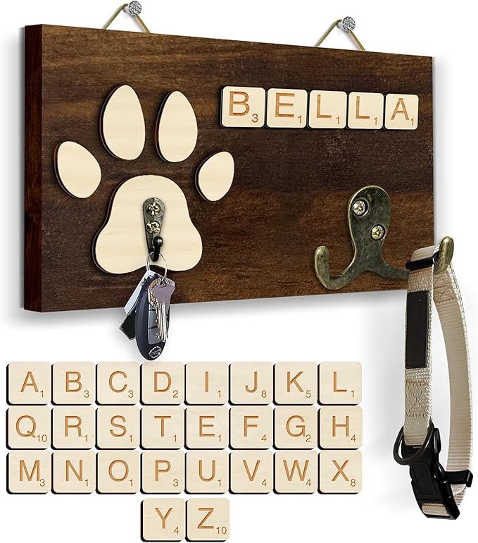 Dog Leash Holder Wall Mount, Pet Harness Hanger with Scrabble Letters, Dog Collar Organizer for Entryway, Cat Leash Key Holder for Wall, Pet Memorial Loss Gifts, Keepsake, Home Decor PF218-W