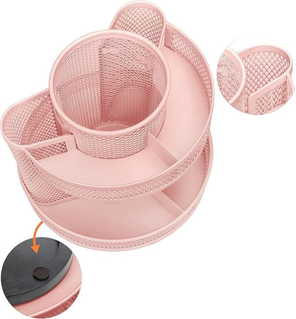 Annova Mesh Desk Organizer Rotate with 5 Compartments Round Spinning Tidy Candy/Pen Holder Desk Accessories Office, Art Supply, Storage, Classroom, Home (Light Pink)
