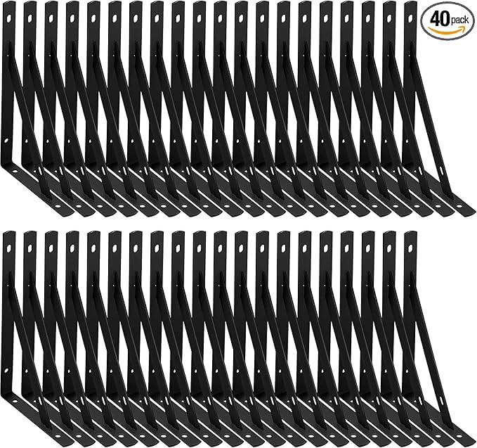 Nuogo 40 Pack Heavy Duty Shelf Brackets Bulk Metal Floating Shelving Support Wall Mounted 90 Degree Triangle Corner L Brackets for Garage with Hardware, Black (8 Inch)