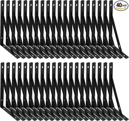 Nuogo 40 Pack Heavy Duty Shelf Brackets Bulk Metal Floating Shelving Support Wall Mounted 90 Degree Triangle Corner L Brackets for Garage with Hardware, Black (8 Inch)