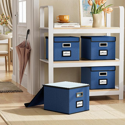 Huolewa Decorative File Organizer Boxes Office Document Storage with Lids, Portable Collapsible Linen Hanging Filing & Storage Boxes for Office/Decor/Home (Royal Blue) -14.9 x 12.7 x 10.8 inch -2 Pack