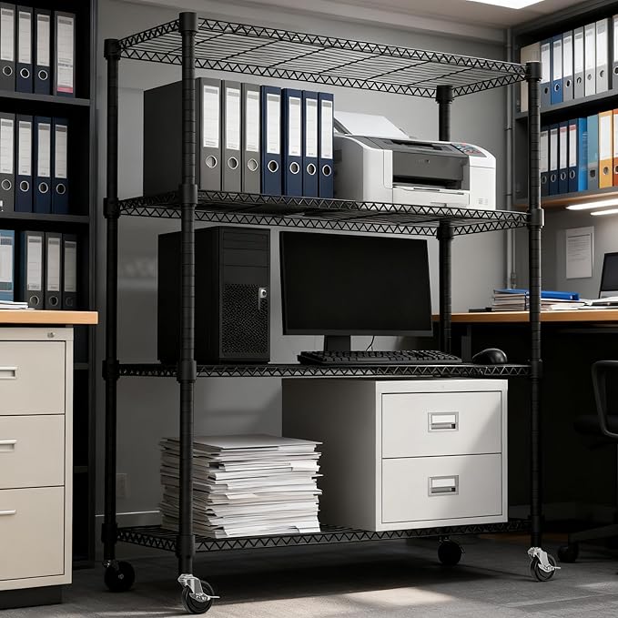1400LBS 47.2" W 4 Tiers Storage Shelves Metal Shelving Unit with Wheels Heavy Duty Garage Shelving Adjustable Wire Shelves for Pantry,Kitchen,Garage,Basement,Black 17.7" D x 47.2" W x 62.7" H
