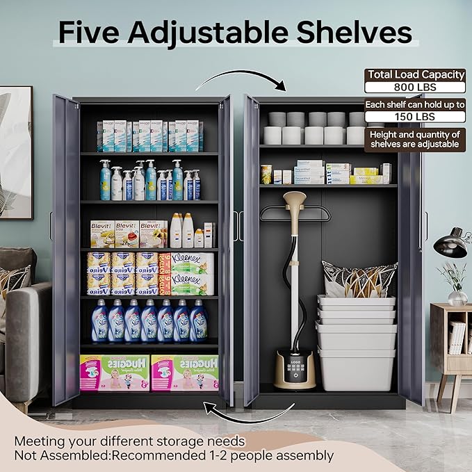 Metal Garage Cabinets, 72" Tall Locking Storage Cabinets with 2 Doors and 5 Adjustable Shelves, Steel Utility Tool Cabinet, Lockable Outdoor Storage Cabinet for Pantry, Garage, Home Office