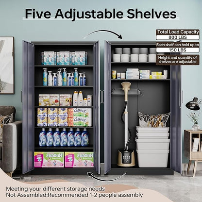 Metal Garage Cabinets, 72" Tall Locking Storage Cabinets with 2 Doors and 5 Adjustable Shelves, Steel Utility Tool Cabinet, Lockable Outdoor Storage Cabinet for Pantry, Garage, Home Office