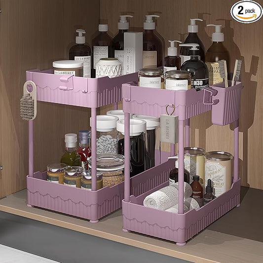 2 Pack Under Sink Organizer, Under Bathroom Cabinet Organizer with Hooks Hanging Cup, Multi-Purpose Storage Shelf for Kitchen Bathroom (Pink, 12.8 Inch)