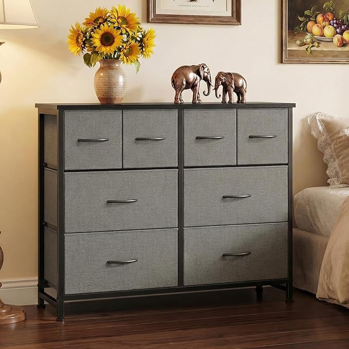 DUMOS TV Stand, Dresser with 8 Fabric Drawers, Spacious Storage Tower for Closet, TV Stand with Wood Top and Mental Frame, Storage Unit for Living Rooms, Bedroom and Entryway, Grey