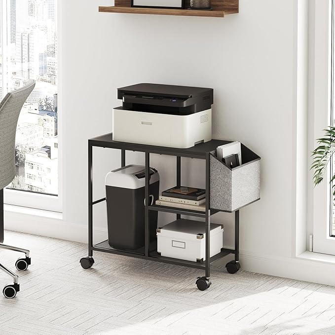 Printer Stand with Storage Bag, 3-Tier Mobile Under Desk Printer Cart with Wheels, Wooden Rolling Printer Table, Organizer Shelf for Study, Office, Living Room, Black PTHB2201