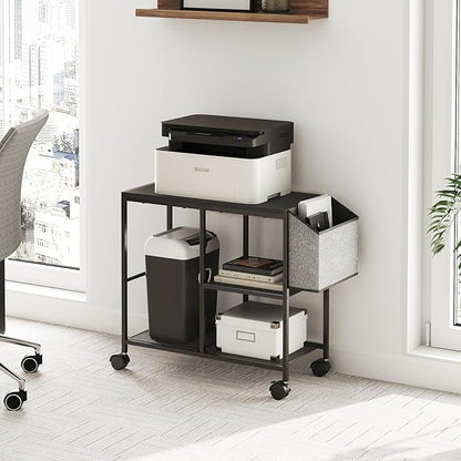 Printer Stand with Storage Bag, 3-Tier Mobile Under Desk Printer Cart with Wheels, Wooden Rolling Printer Table, Organizer Shelf for Study, Office, Living Room, Black PTHB2201