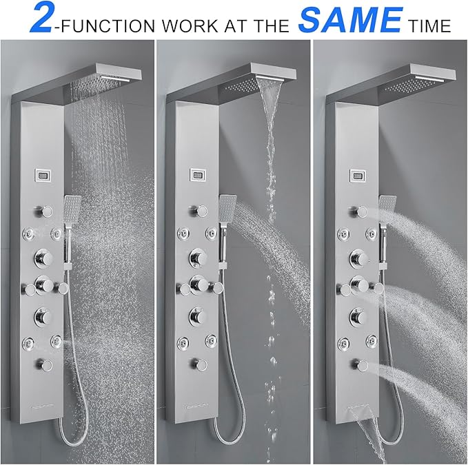 POPFLY LED Rainfall Waterfall Shower Panel Tower System, 4 Body Jets and 4 Mist Spray, 3-Function Handheld Shower, 304 Stainless Steel Shower Tower with Temp Display, Brushed