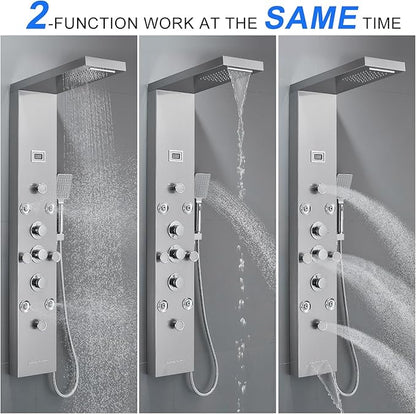 POPFLY LED Rainfall Waterfall Shower Panel Tower System, 4 Body Jets and 4 Mist Spray, 3-Function Handheld Shower, 304 Stainless Steel Shower Tower with Temp Display, Brushed
