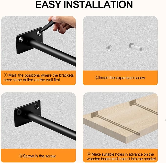 12 Pcs 6" Black Steel Floating Shelf Bracket Blind Shelf Supports - Hidden Brackets for Floating Wood Shelves - Concealed Blind Shelf Support – Screws and Wall Plugs Included