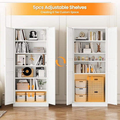 71" Tall Kitchen Pantry Storage Cabinet with 2 Doors and 5 Adjustable Shelve, Metal White Food Pantry Cabinet, Kitchen Cabinet Storage Unit,6 Tier Freestanding Cupboard for Kitchen Dining/Living Room