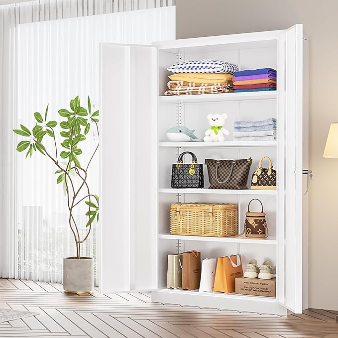 INTERGREAT White Metal Storage Cabinet Doors, 72" Locking Steel Storage Cabinet with Shelves, Tall Metal Cabinet Lockable Steel Cabinets for Home Office