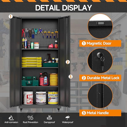 Garage Storage Cabinet with Wheels, Metal Storage Cabinet with 2 Doors and Adjustable 4 Shelves for Garage, Basement, Warehouse, Office, Black, Assembly Required