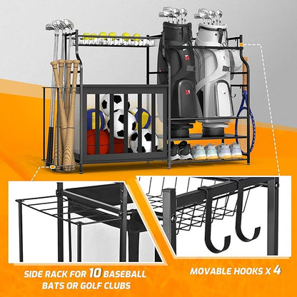PLKOW Sports Equipment Organizer Rack, Garage Ball Rack, 2 Golf Bag Storage and Sports Gear Organizer for Garage