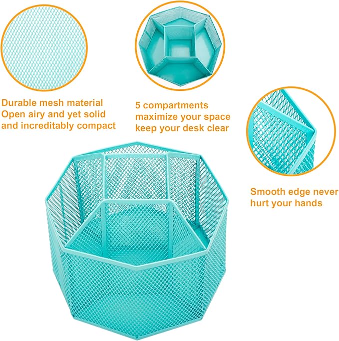 Annova Mesh Desk Organizer Rotate with 5 Compartments Spinning Tidy Candy/Pen Holder Office, Art Supply, Storage, Classroom, Home (Turquoise)