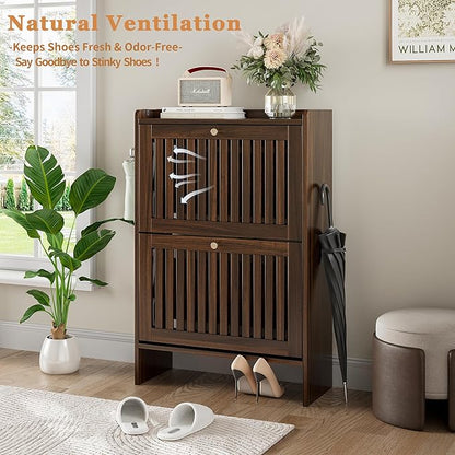 wanan 24" Shoe Cabinet with 2 Flip Slatted Drawers, Adjustable & Removable Panels, Narrow Shoe Cabinet Storage for Entryway, Hallway, Shoe Rack Organizer Cabinet, Walnut