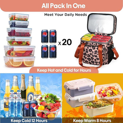 GLENKEY Expandable Insulated Lunch Box, Double Deck Lightweight Large Lunch Bag Tote Leakproof Cooler Bags for Women Adults Work Outdoor Picnic Daytrip, Leopard, 16L